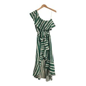 Flying Tomato Women's One Shoulder High-Low Ruffle Hem Wrap Dress, Green White L
